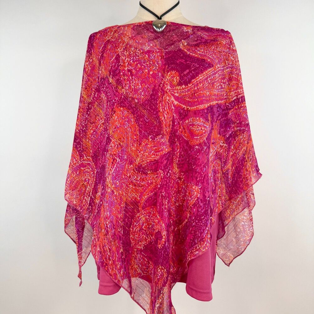 Pink Paisley Sheer Silky Poncho Shawl Off Shoulder Asymmetrical Fairy Size 2x